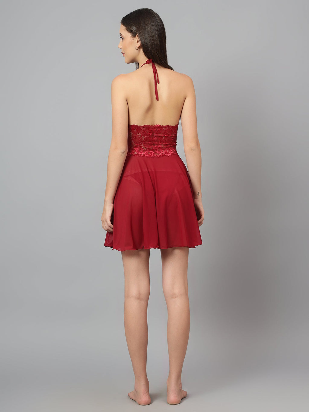 Maroon babydoll nighty with Swarovski detailing