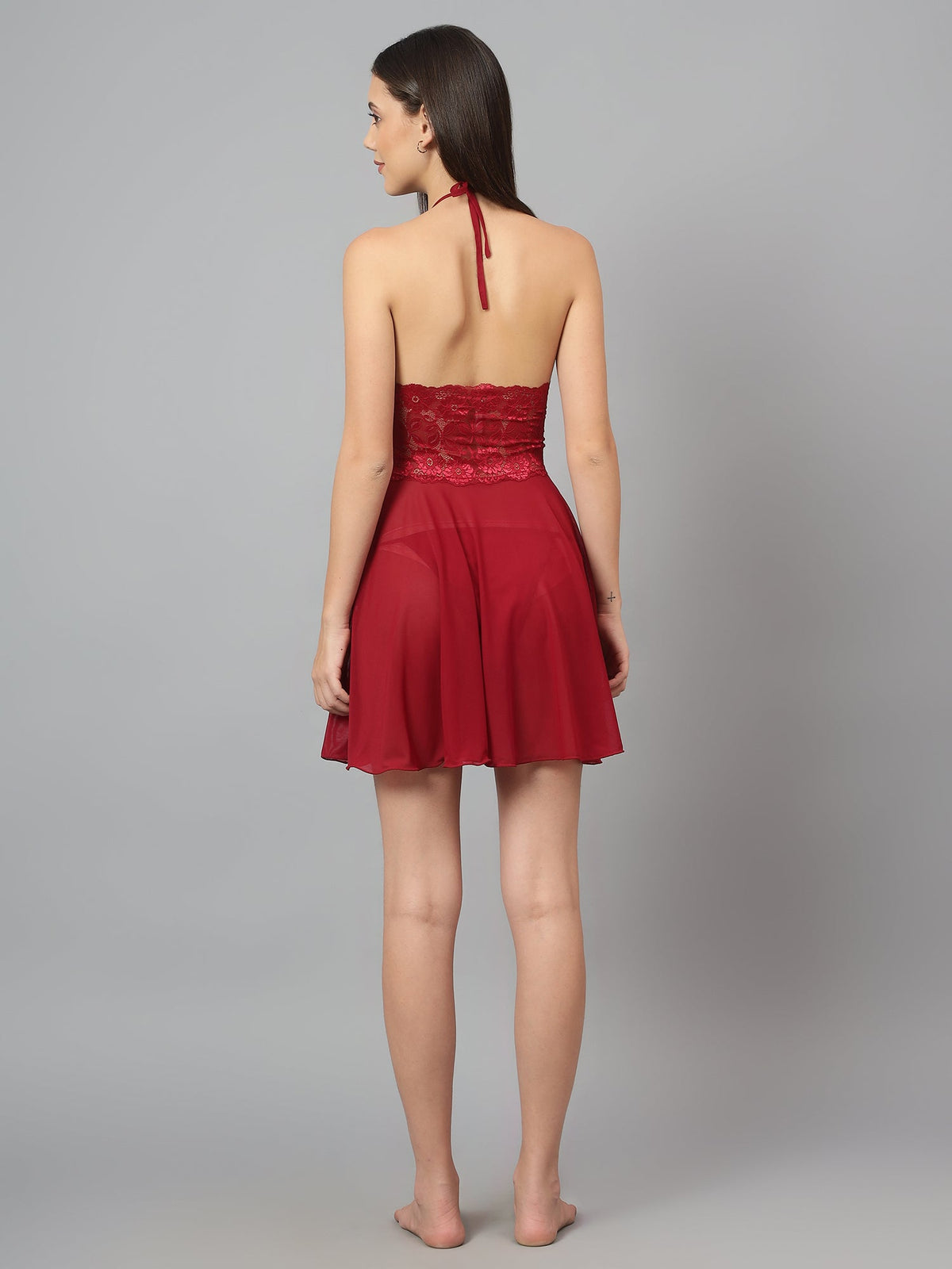 Maroon babydoll nighty with Swarovski detailing
