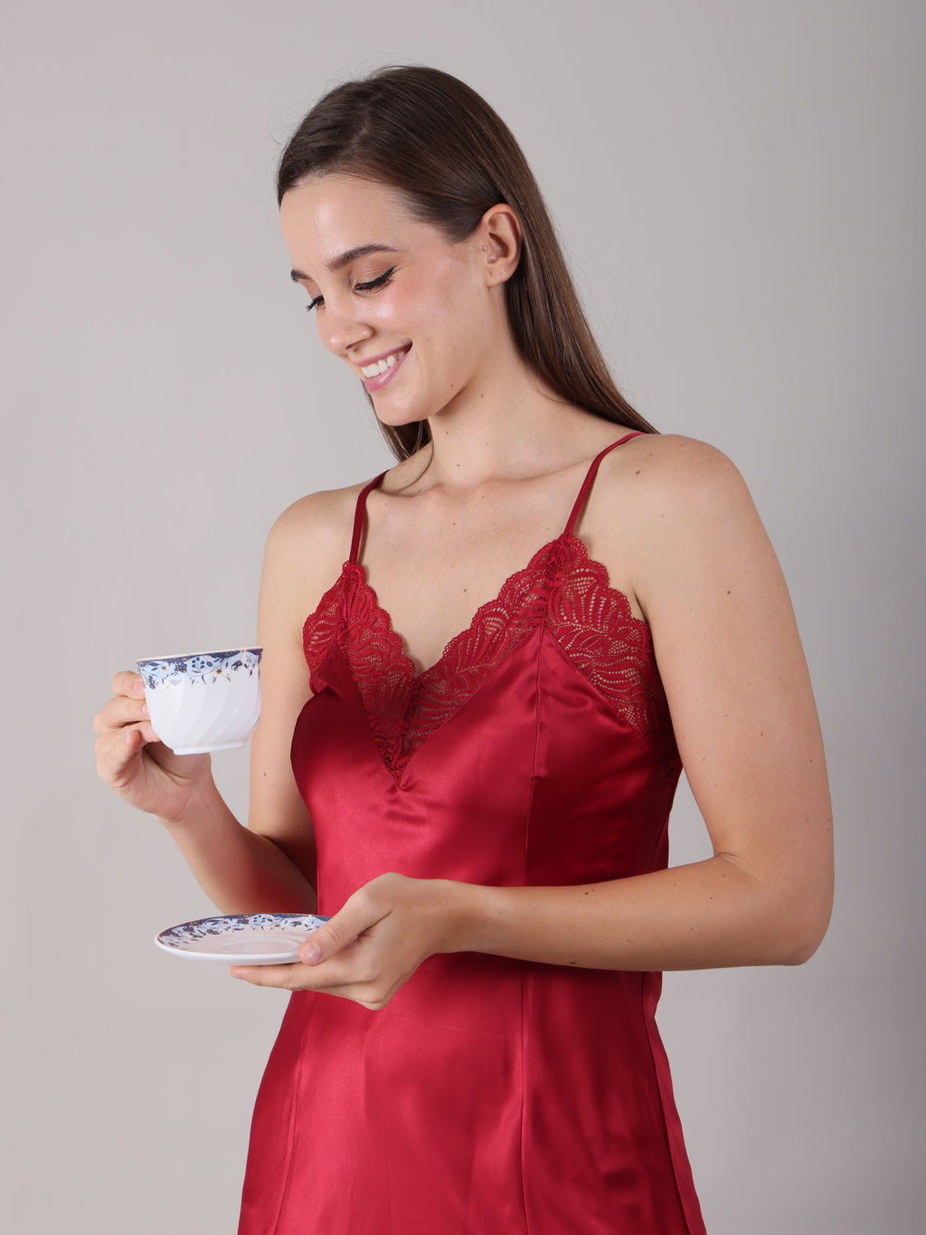 Lace detailing on Maroon satin nighty