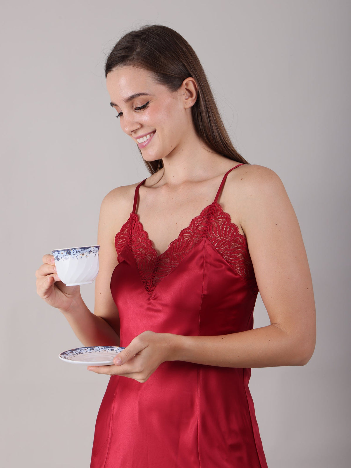 Lace detailing on Maroon satin nighty