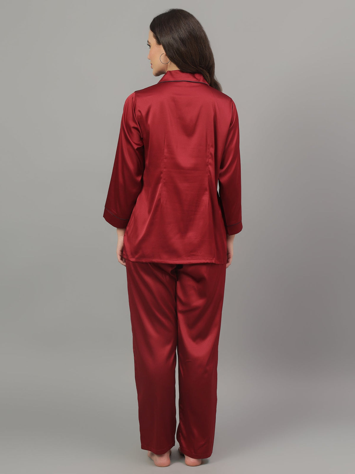 Back view of Maroon satin pajama set for women