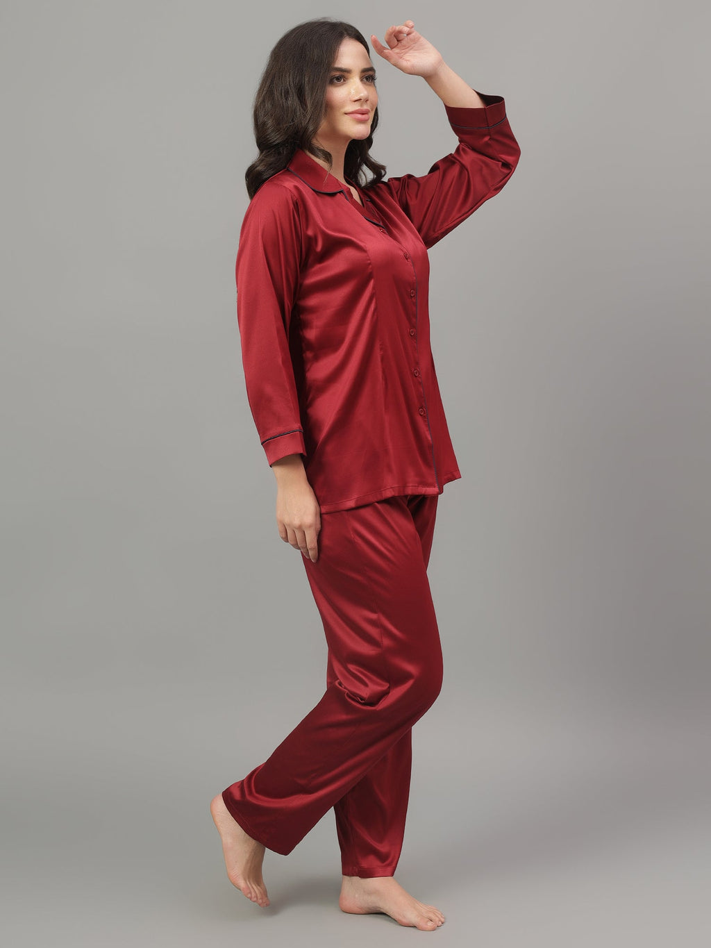 Maroon satin pajama set for women