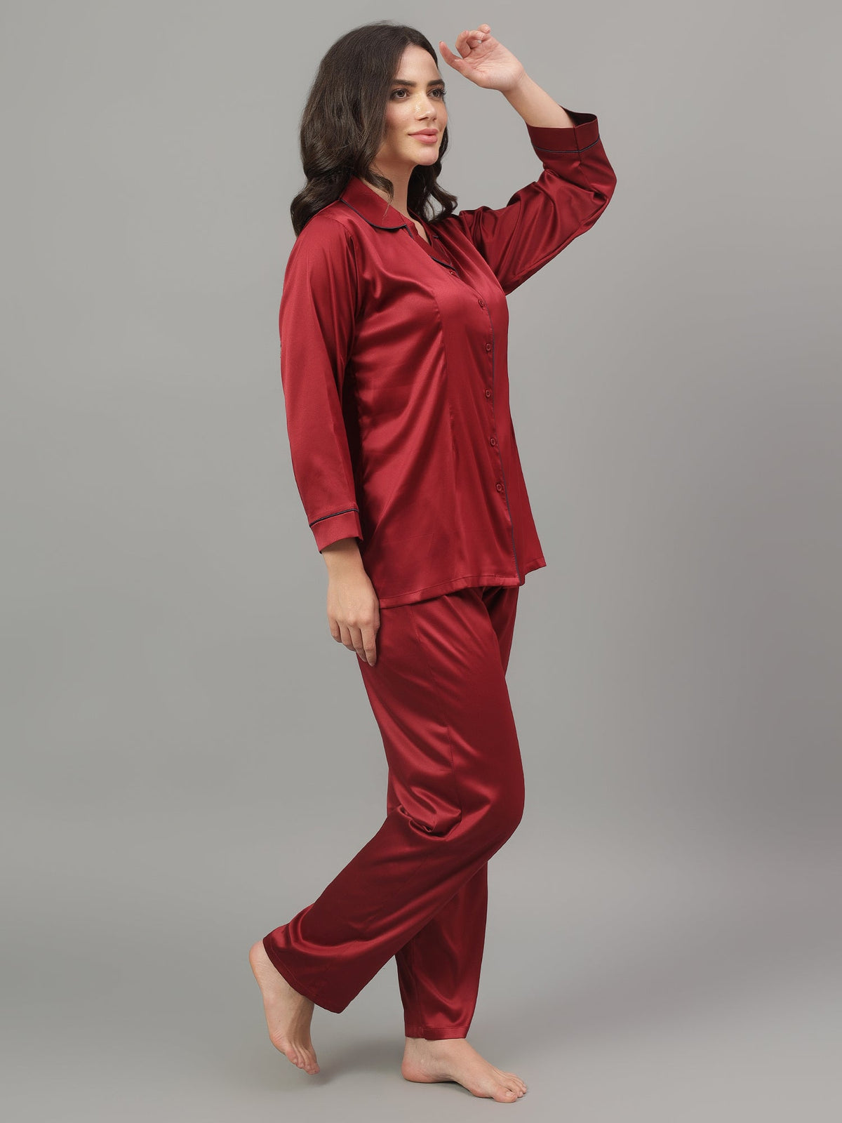Maroon satin pajama set for women