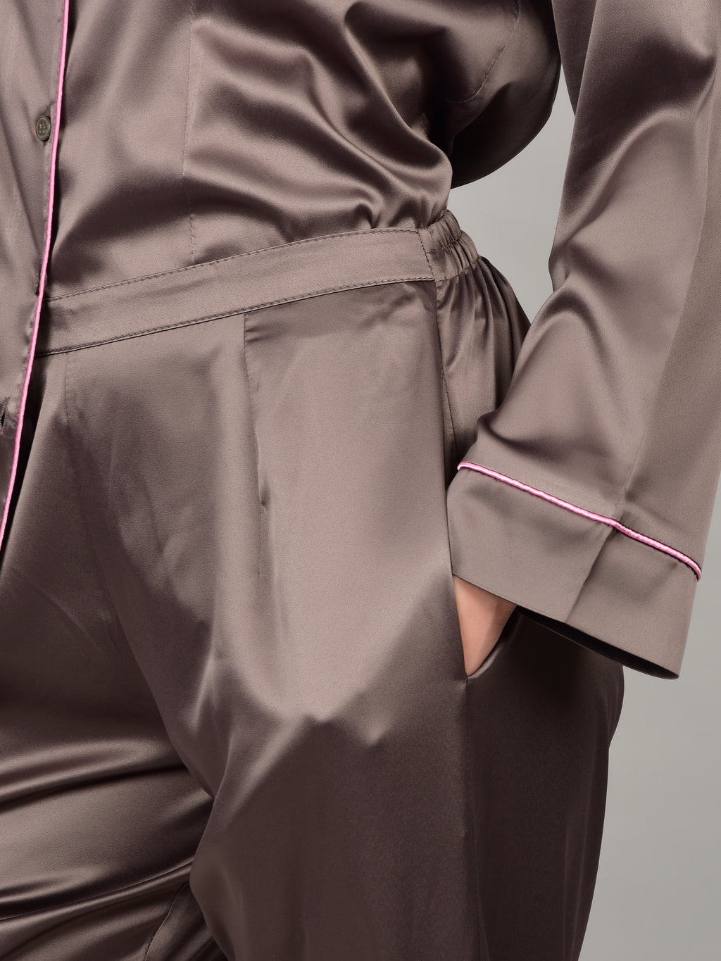 Mushroom Fluid Matte Satin nightwear details of deep pocket and soft elasticated waist for a more comfortable wear.
