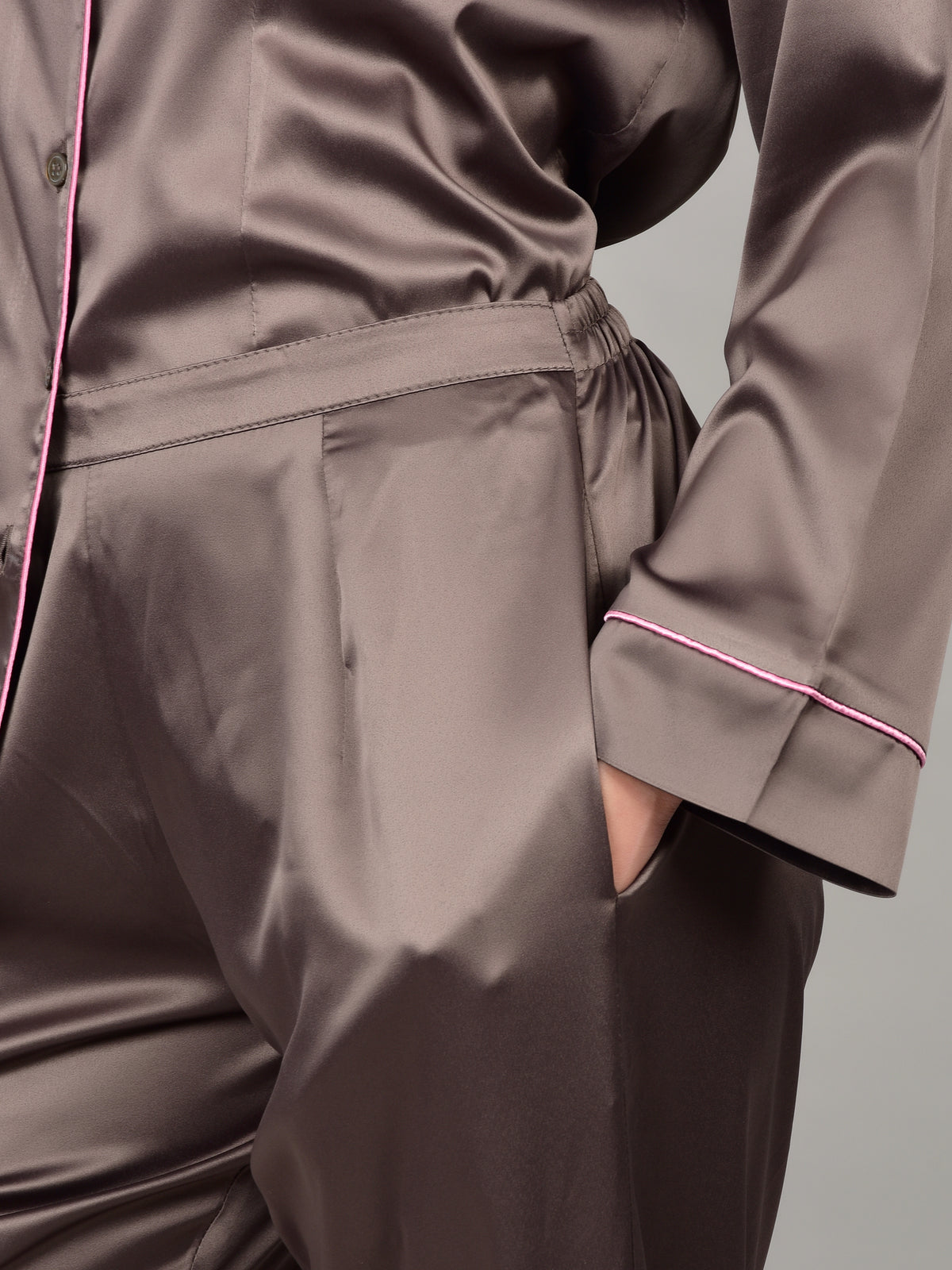 Mushroom Fluid Matte Satin nightwear details of deep pocket and soft elasticated waist for a more comfortable wear.