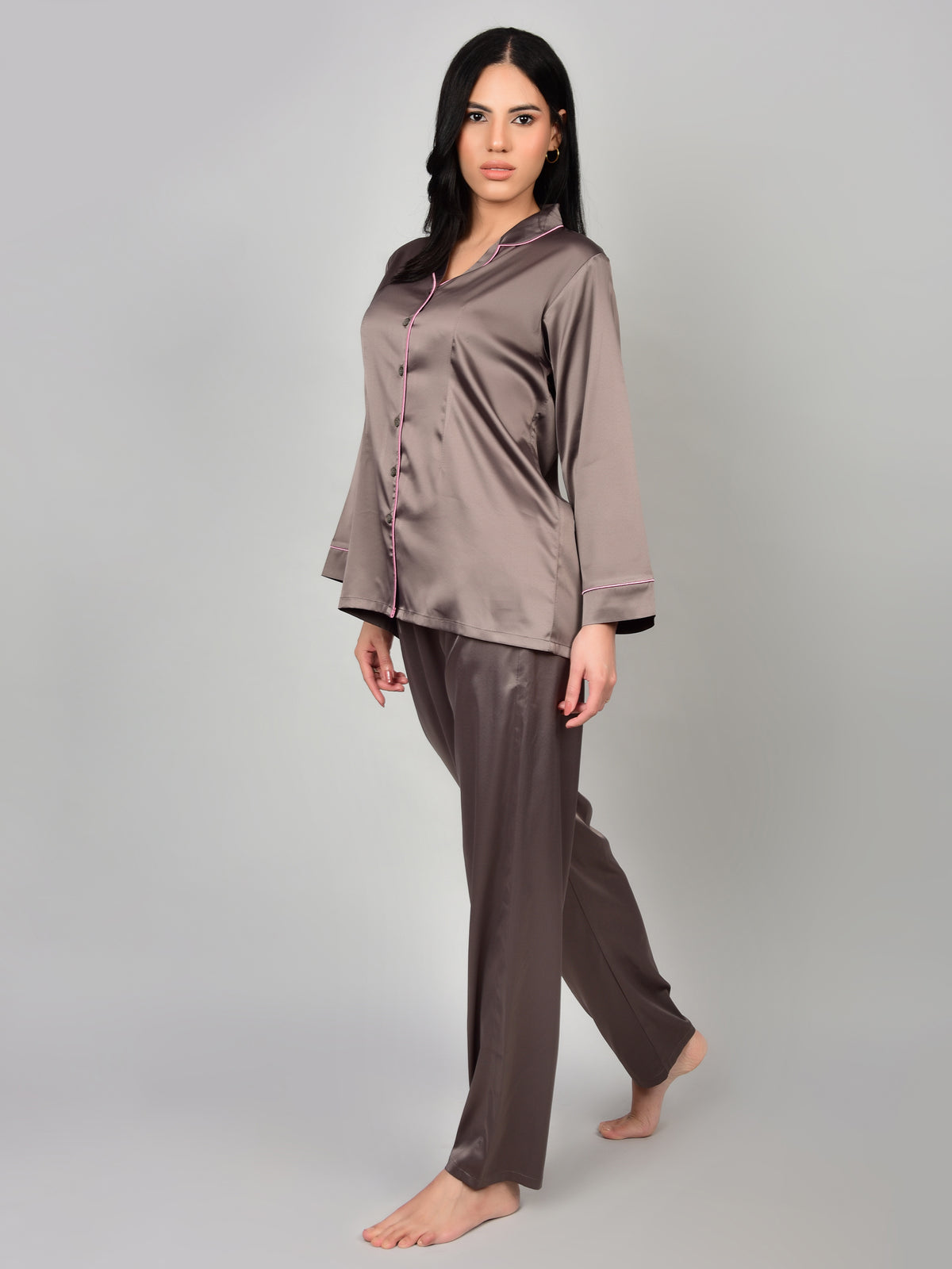 Mushroom satin night suit in extended sizes