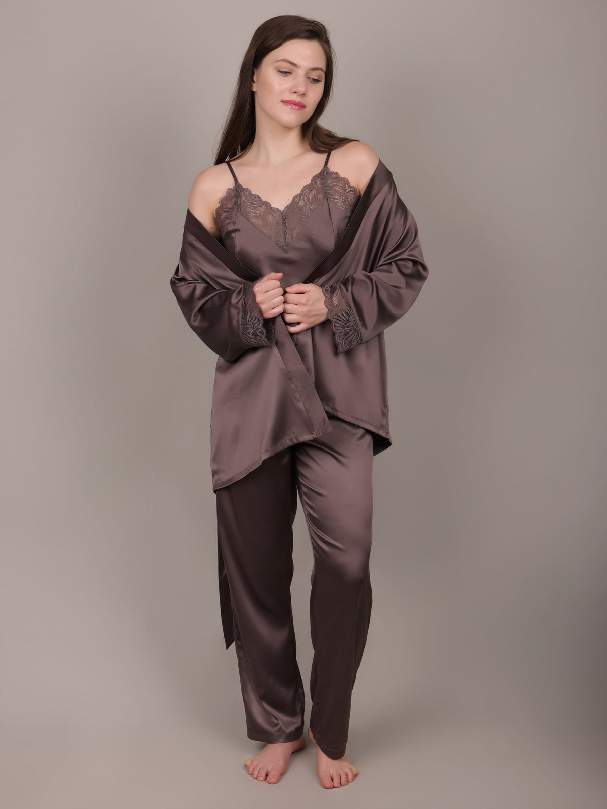 Mushroom satin camisole with lace detailing