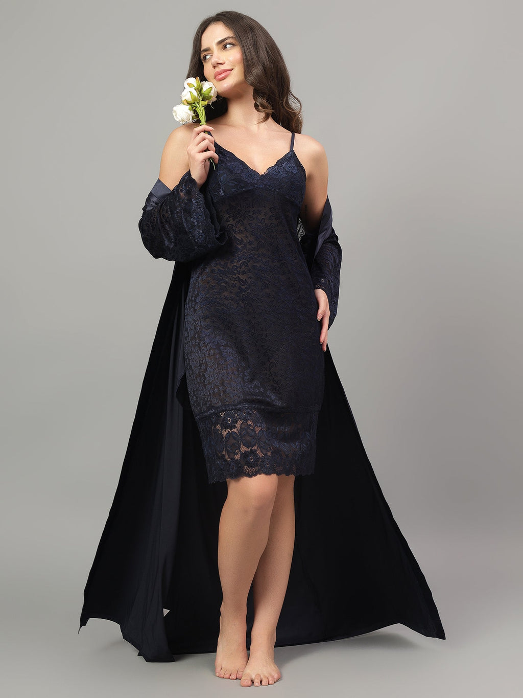 Navy Blue lace satin skirt with embellished detail
