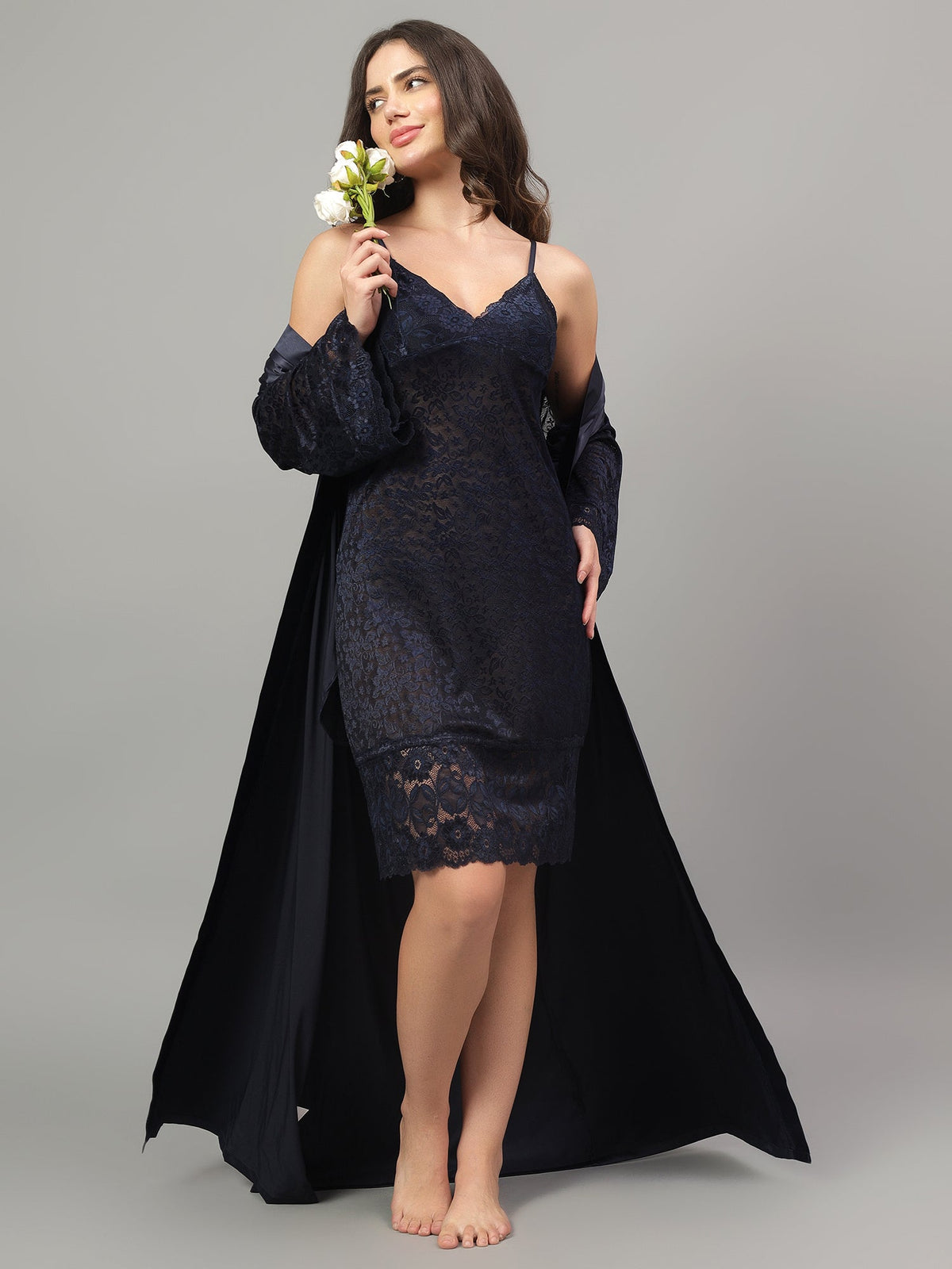 Navy Blue lace satin skirt with embellished detail