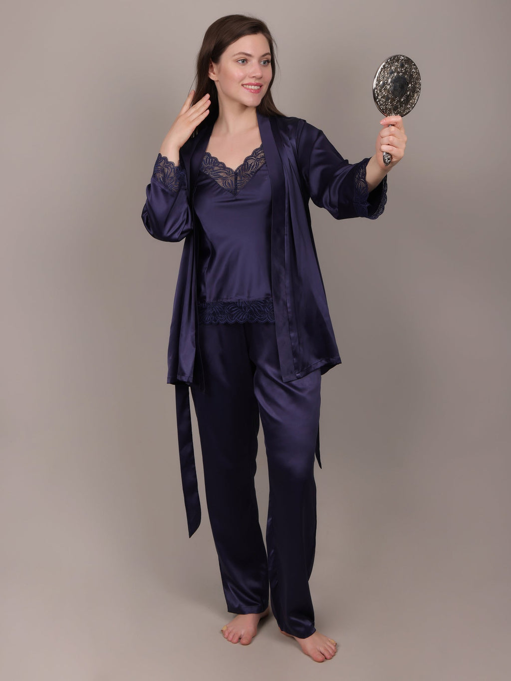 Navy Blue nightdress set with camisole, pajama and short robe