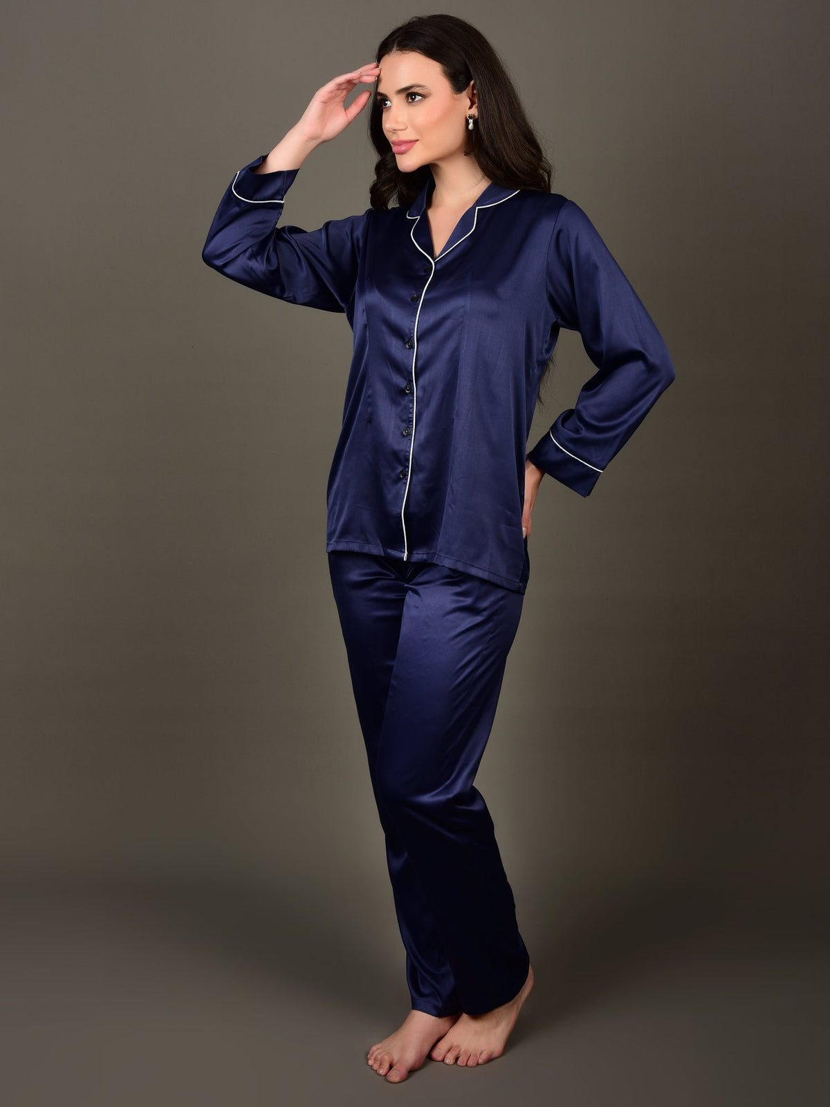 Navy Blue satin night suit for vacation and honeymoon lounging