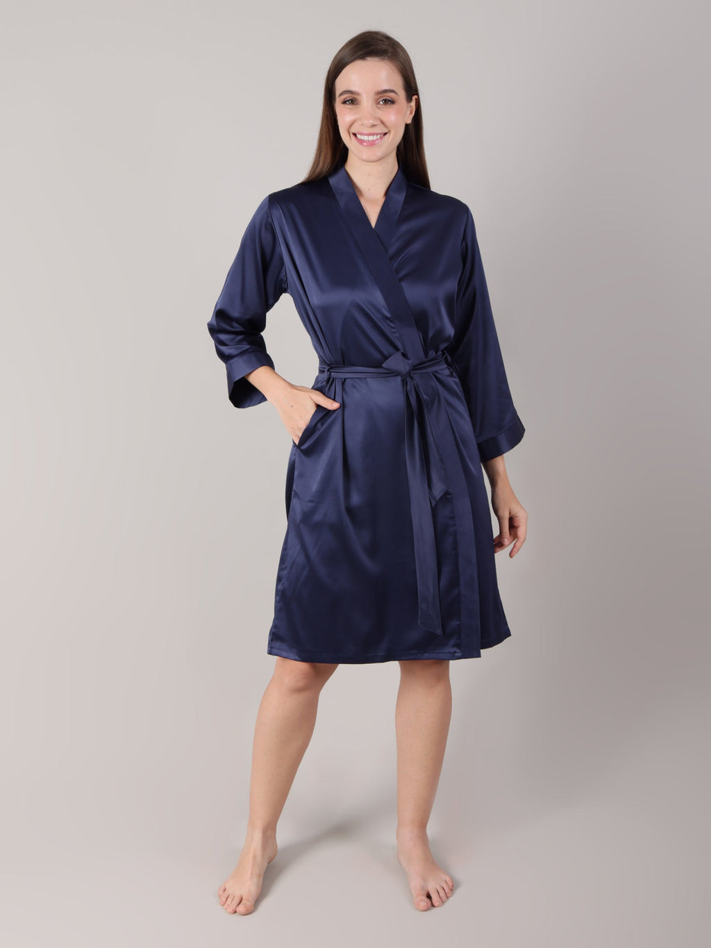 Navy Blue satin bridal robe with deep pocket