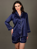 Navy Blue Fluid Matte Satin night suit with soft cotton-feel interior
