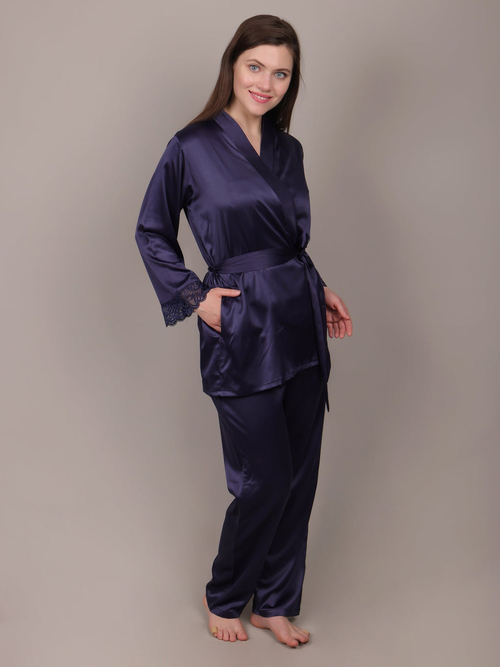 Navy Blue short satin robe