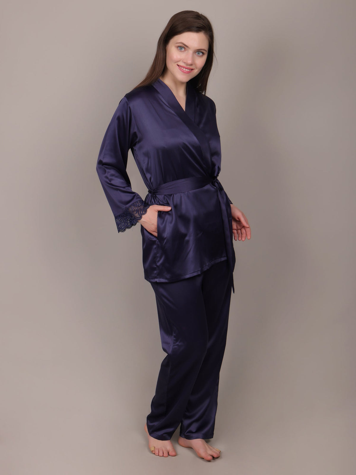 Navy Blue short satin robe