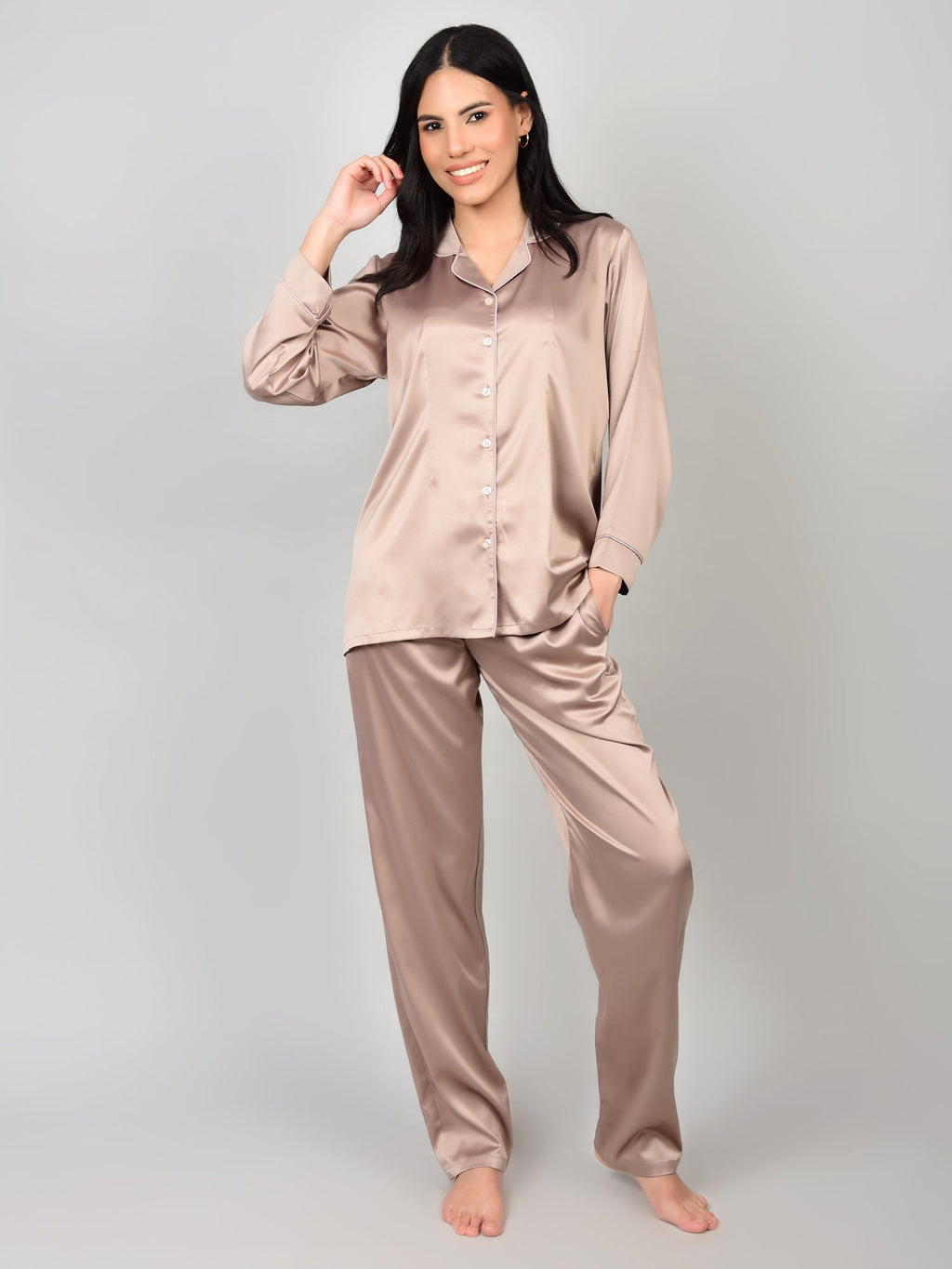 Pale Mushroom 3-piece satin night suit for women