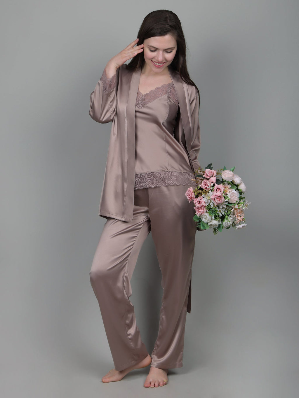 Pale Mushroom 3-piece satin nightdress set