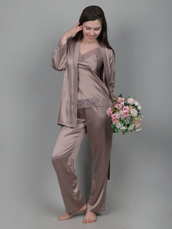 Pale Mushroom 3-piece satin nightdress set