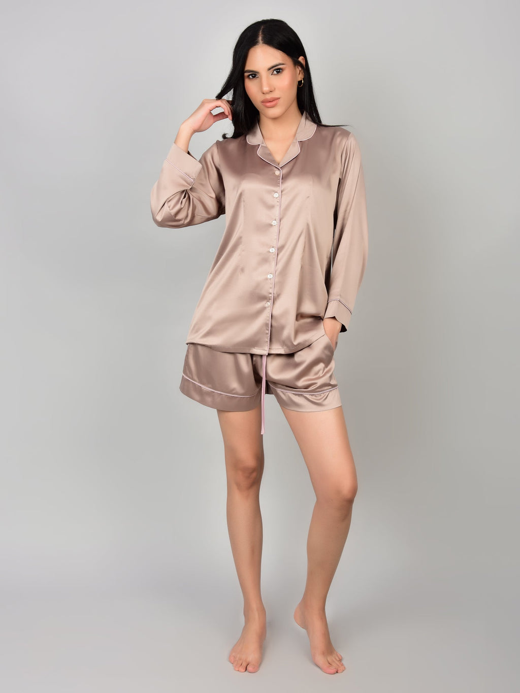 Pale Mushroom satin shorts from 3-piece night suit