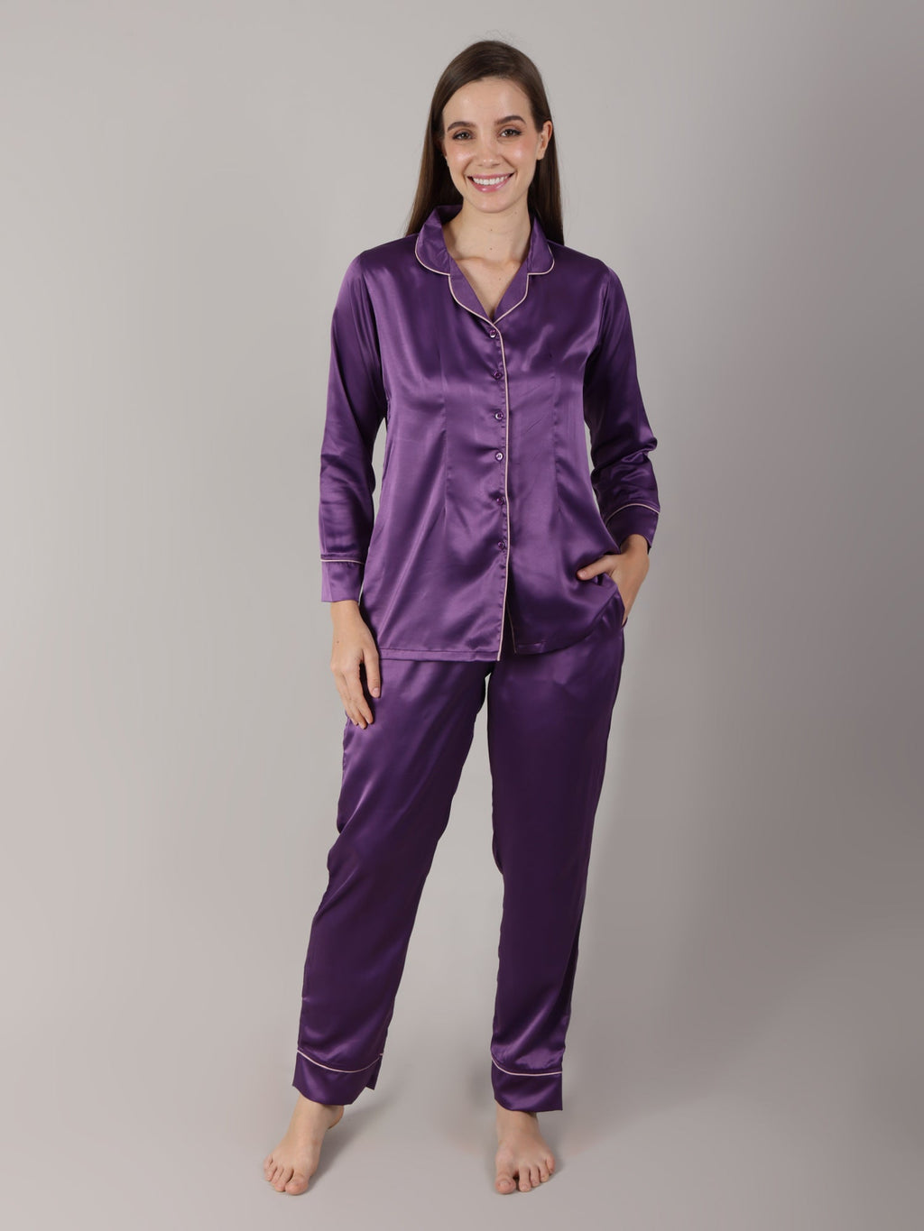 Plum satin pajama set for women with full-length pajama