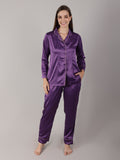 Plum satin pajama set for women with full-length pajama