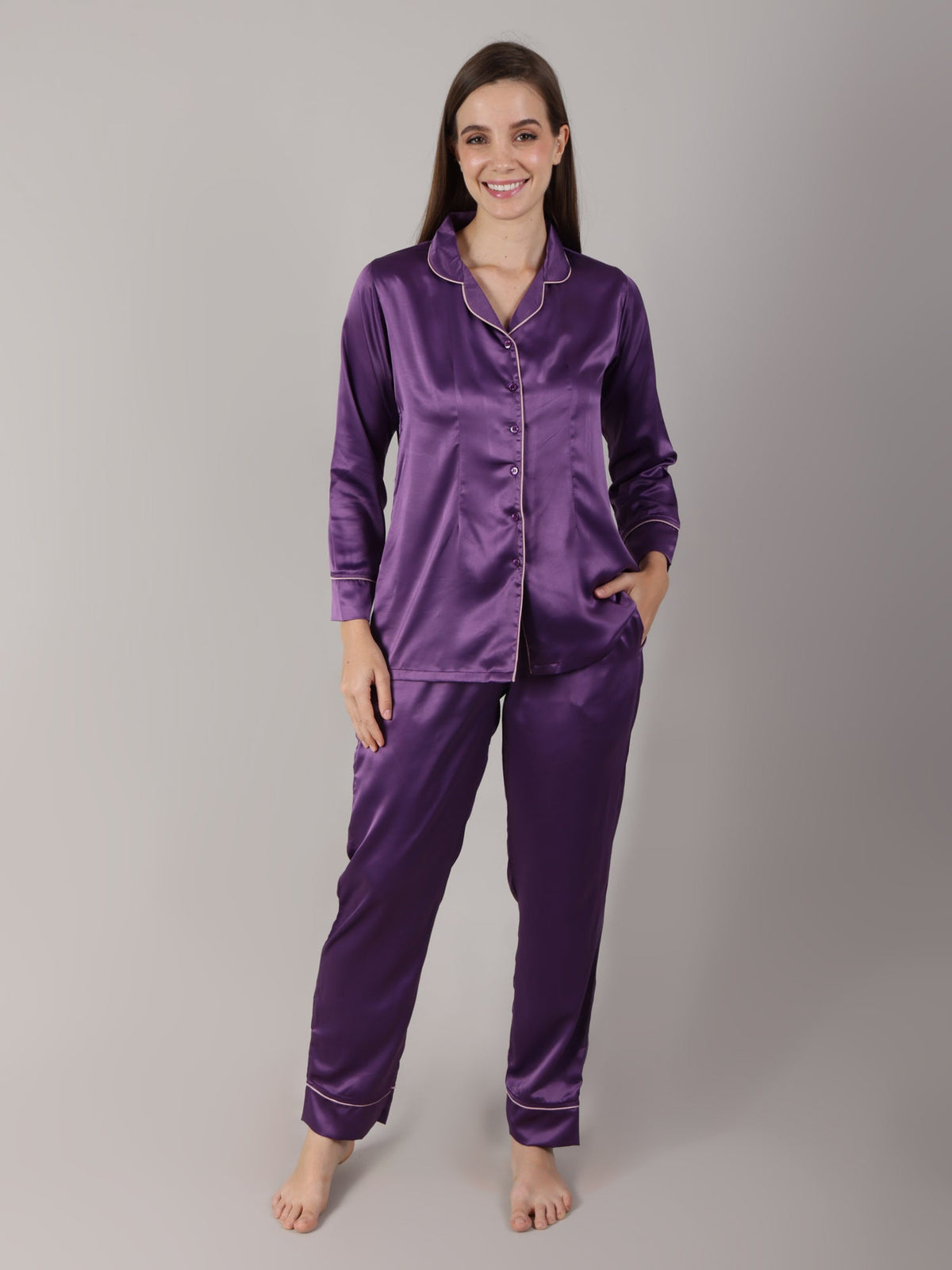 Plum satin pajama set for women with full-length pajama