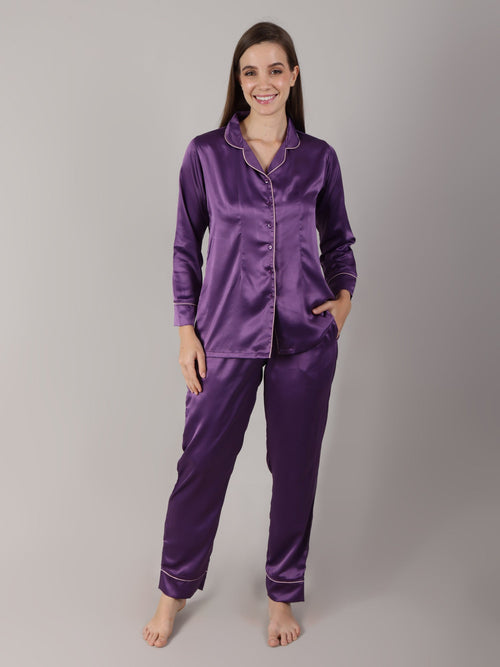 Plum satin pajama set for women with full-length pajama