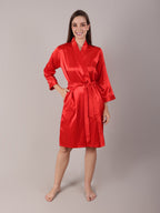 Red satin bridal robe with deep pocket