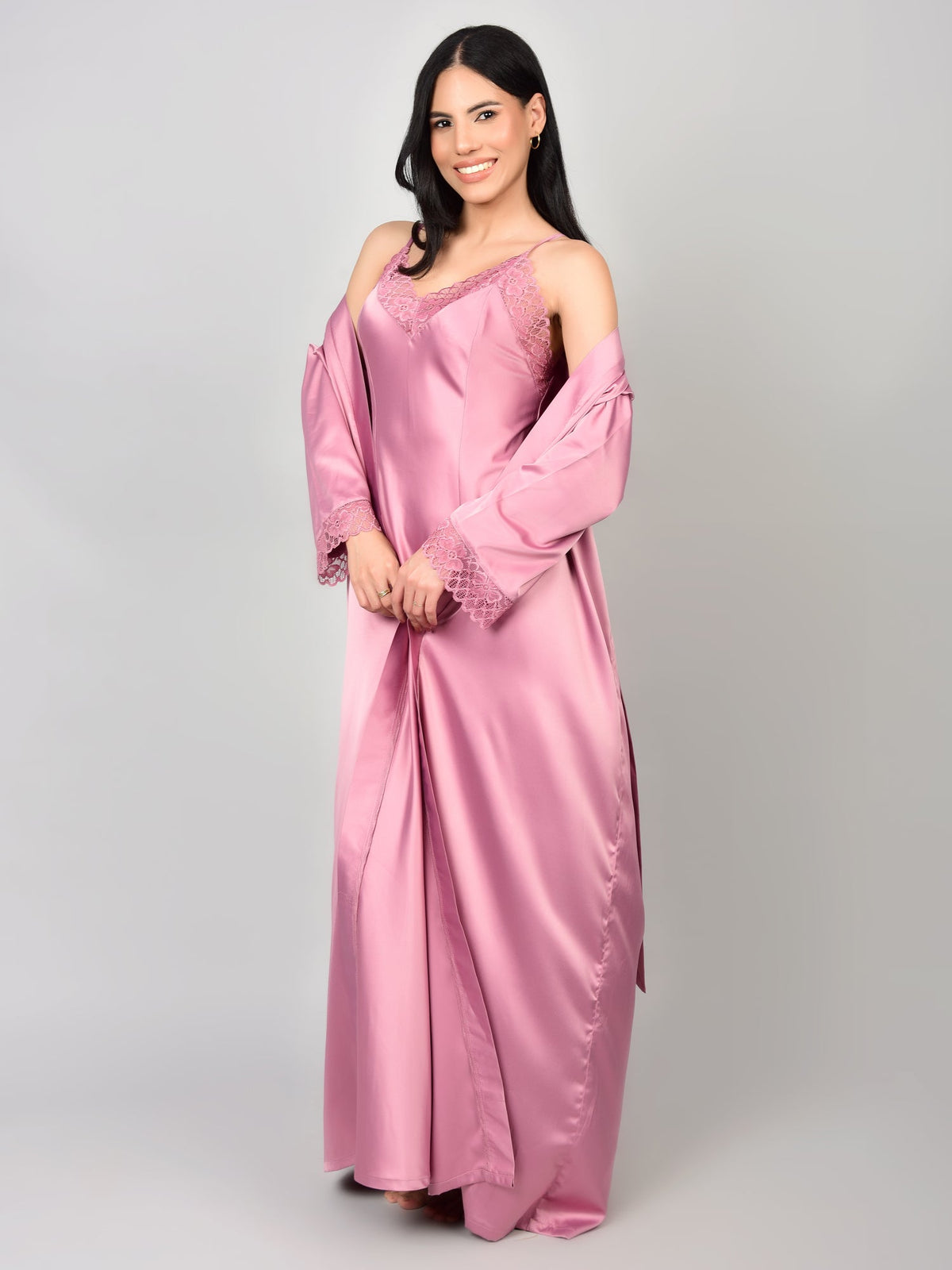 Rosete satin nighty and long robe set for women for additional coverage.