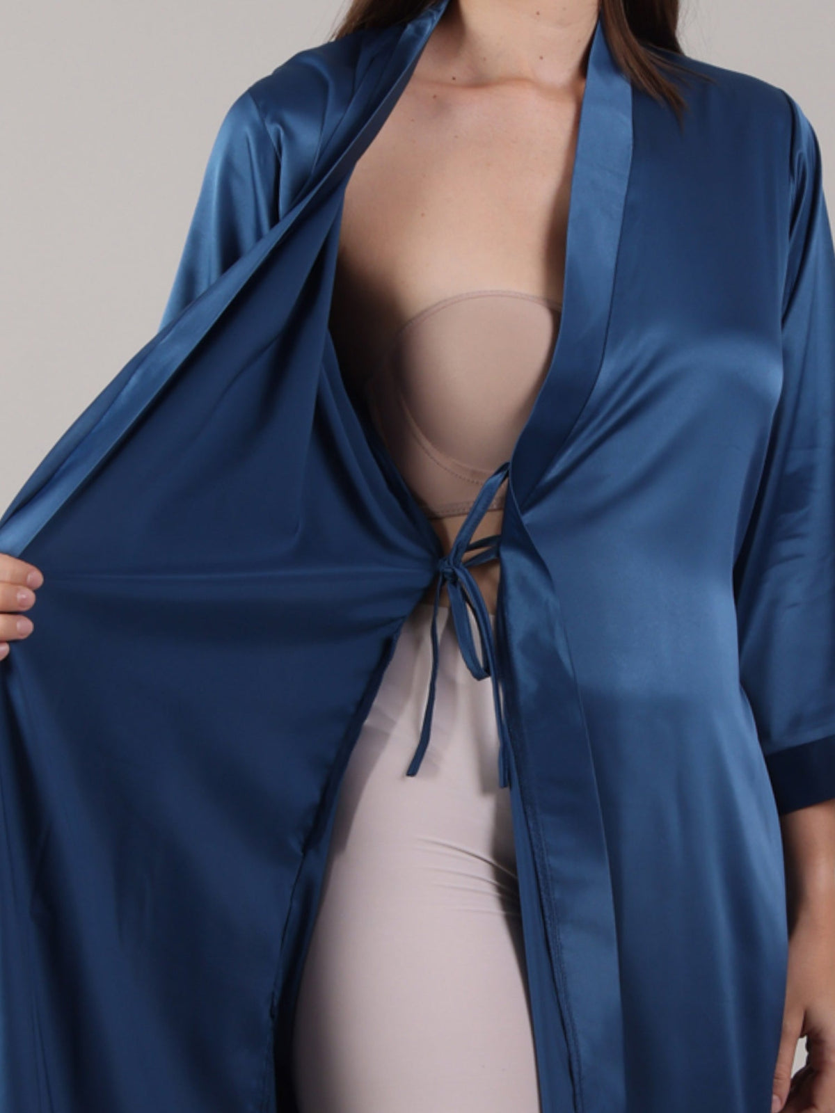 Teal Blue bridal robe with inner tie knot for a more comfortable fit as it conceals the cleavage.