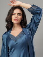 Teal Blue satin nighty with inbuilt bodice