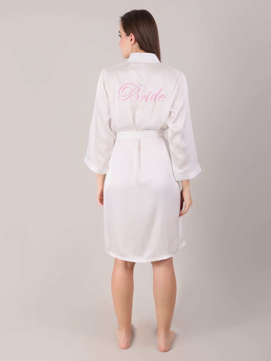 White bridal robe with inner tie knot for cleavage conceal.