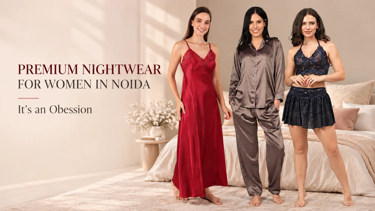 Image banner showcases nightwear collection of wink for women residing in Noida. Options are long nighty set, night suit with pajama and shorts, honeymoon / intimate wear.